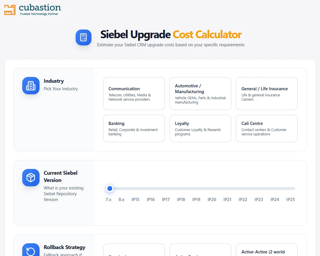 Siebel Upgrade Cost Calculator